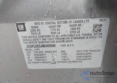 2011 Chevrolet Equinox 1Lt из США, поврежденный, VIN 2CNFLEEC4B6458986